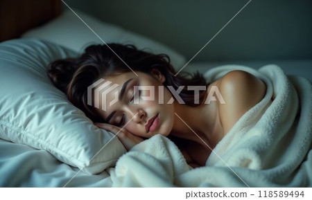 A woman is peacefully sleeping on a bed, snugly wrapped in a white blanket A woman is peacefully sleeping on a bed, snugly wrapped in a white blanket 118589494