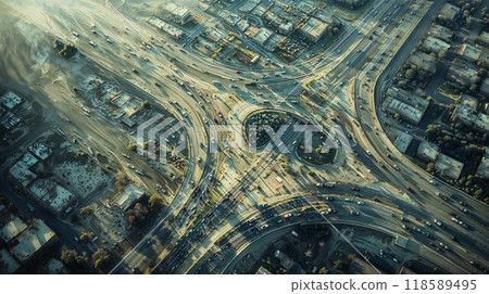 This is an aerial view showcasing a bustling city intersection at night This is an aerial view showcasing a bustling city intersection at night 118589495