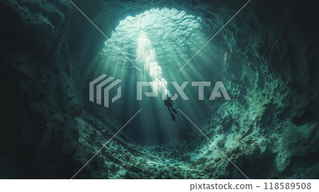 A diver swims through an ocean cave, exploring its wonders 118589508