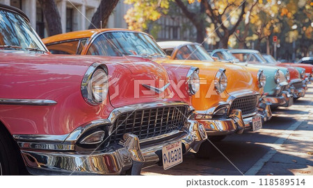 A Collection of Colorful Vintage Cars Parked on a Vibrant Street in Havana, Cuba 118589514