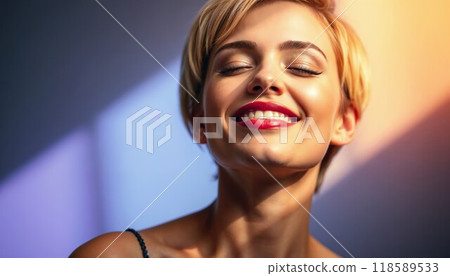 A woman with short hair is smiling, and her eyes are closed happily 118589533