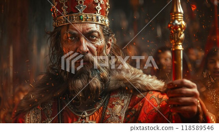 A bearded man in a crown holds a scepter in his hand 118589546