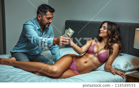 An Intimate Encounter Exploring the Complex Interplay of Money and Desire in a Bedroom Setting 118589555