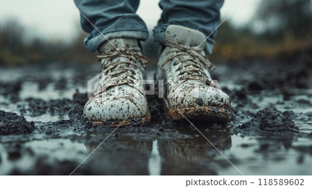 A person is wearing white boots while standing in a muddy puddle A person is wearing white boots while standing in a muddy puddle 118589602