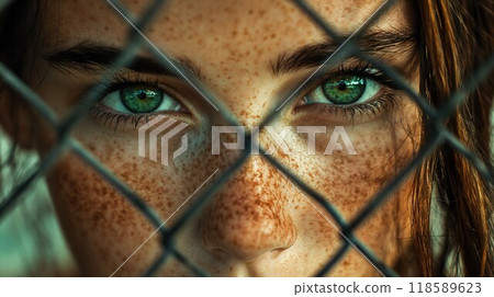 A detailed closeup of a womans face viewed through a chain link fence 118589623