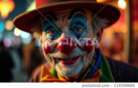 Closeup of a cheerful clown in a stylish top hat and bow tie Closeup of a cheerful clown in a stylish top hat and bow tie 118589666