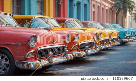 A Collection of Colorful Vintage Cars Parked on a Vibrant Street in Havana, Cuba 118589667
