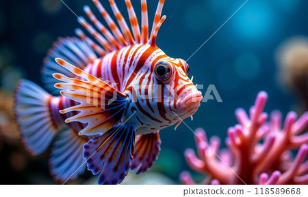 A beautifully colorful fish is gracefully swimming near a pink coral reef 118589668
