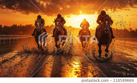 A group rides horses on a track with the sunset behind them 118589669