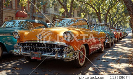 A Collection of Colorful Vintage Cars Parked on a Vibrant Street in Havana, Cuba 118589674