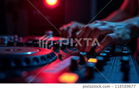 An extreme closeup of a persons hand operating a mixer device An extreme closeup of a persons hand operating a mixer device 118589677