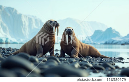 Two adorable walrus cubs are laying on a rocky beach close to the waters edge Two adorable walrus cubs are laying on a rocky beach close to the waters edge 118589679