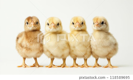 Four baby chickens stand in a row, looking at the camera 118589695