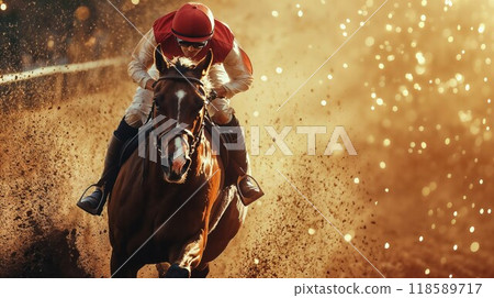 A skilled jockey is riding a horse competing in an exciting race A skilled jockey is riding a horse competing in an exciting race 118589717