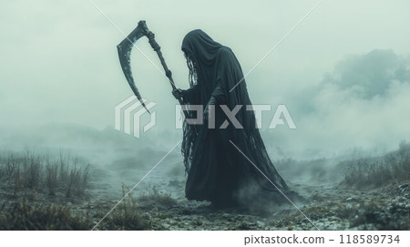 A grim reaper holds a large scythe in a foggy, mysterious field A grim reaper holds a large scythe in a foggy, mysterious field 118589734