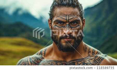 A tattooed man stands shirtless in a field before a mountain 118589735