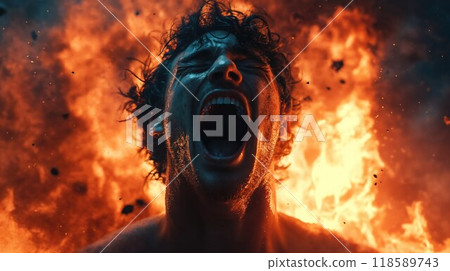 A man is loudly screaming in front of a large fire with his mouth wide open 118589743