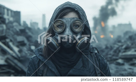 A woman is currently wearing a gas mask along with a hood 118589747