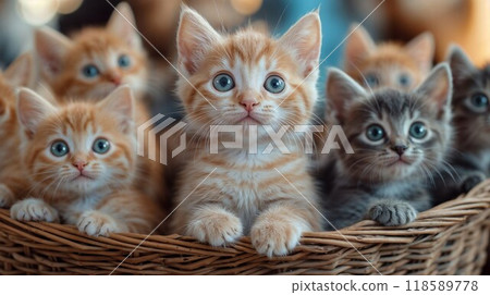 Adorable kittens sit in a basket, gazing at the camera curiously Adorable kittens sit in a basket, gazing at the camera curiously 118589778