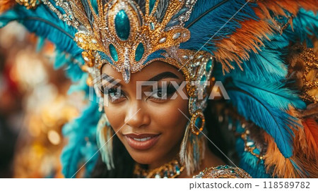 A woman elegantly wears a vibrant costume with feathers and a mask 118589782