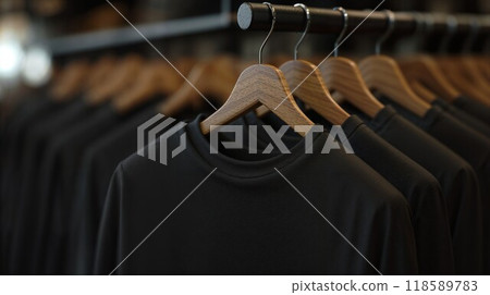 A long row of crisp, black tshirts is hanging beautifully on a rack 118589783