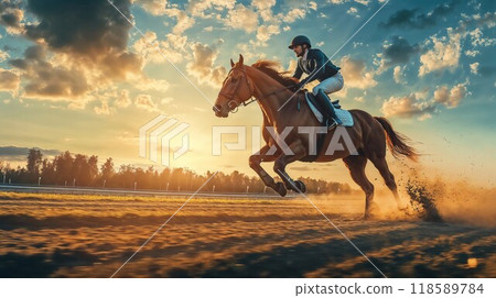A man is gracefully riding a horse across a beautiful field during sunset 118589784