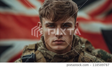 A young man in military uniform stands before an UK flag 118589787