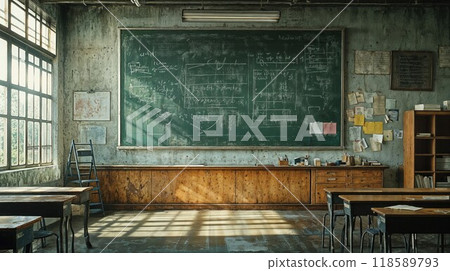 Inside a classroom, there is a blackboard with the letter a written on it Inside a classroom, there is a blackboard with the letter a written on it 118589793