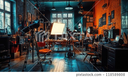 A spacious room filled with a wide variety of electronics and equipment 118589808