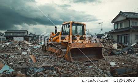 A bright yellow bulldozer is driving steadily through a large pile of rubble 118589809