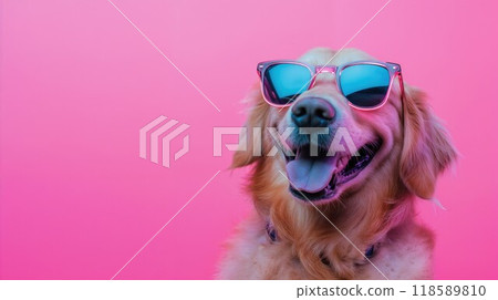 A fashionable dog is wearing stylish sunglasses against a pink background 118589810