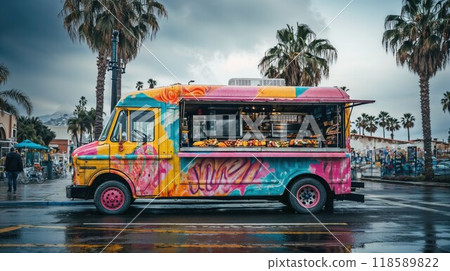 A vibrant and colorful food truck is parked alongside the road A vibrant and colorful food truck is parked alongside the road 118589822