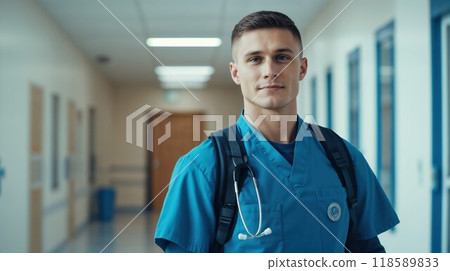 A nurse is walking down a hospital hallway with a backpack A nurse is walking down a hospital hallway with a backpack 118589833