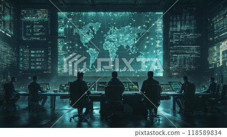 A group sits in front of a large screen displaying a world map A group sits in front of a large screen displaying a world map 118589834