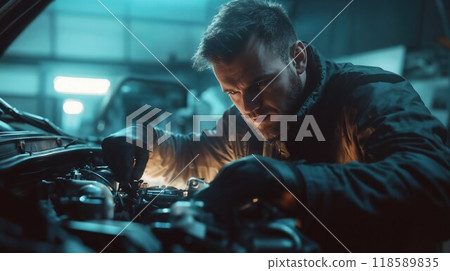 A man is diligently working on the engine of a car inside a garage A man is diligently working on the engine of a car inside a garage 118589835