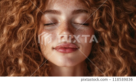 Woman with curly hair and freckles smiles with eyes closed 118589836