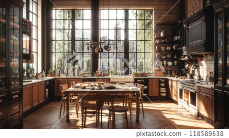 Spacious kitchen with a large table, many chairs, and ample windows 118589838