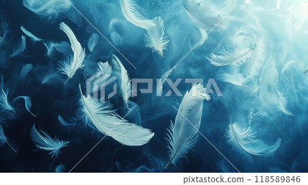 A beautiful bunch of white feathers is gently floating in the air 118589846