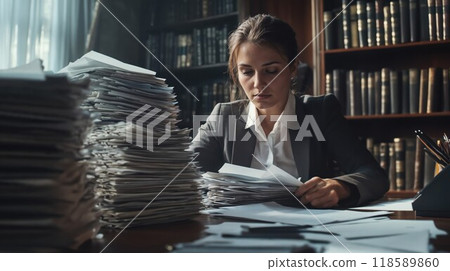 A woman is comfortably sitting at a desk that has a pile of papers on it A woman is comfortably sitting at a desk that has a pile of papers on it 118589860
