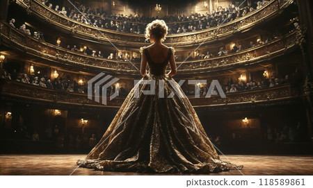 A woman in a gold dress stands on stage before a crowd A woman in a gold dress stands on stage before a crowd 118589861