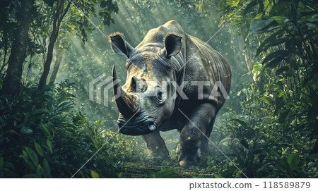 A large rhinoceros is walking through a lush and green forest area 118589879