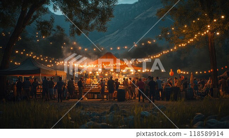 People gather around a tent with string lights hanging 118589914