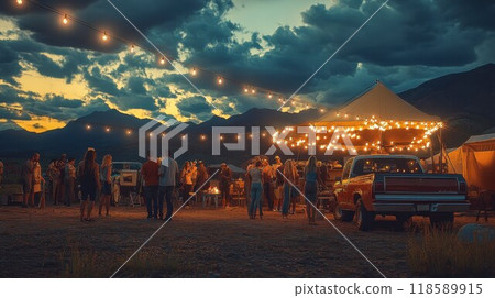 People gather around a tent with string lights hanging 118589915