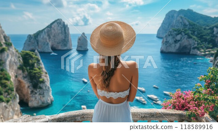 A woman in a straw hat stands on a balcony overlooking the ocean 118589916