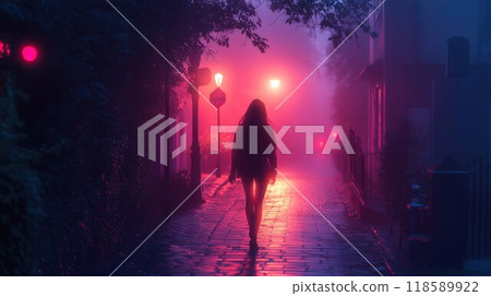 A lone person is walking down a foggy street during the night 118589922