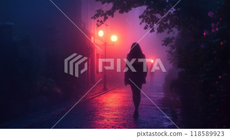 A lone person is walking down a foggy street during the night 118589923