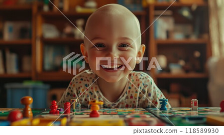 A bald little girl smiles while playing a board game 118589930