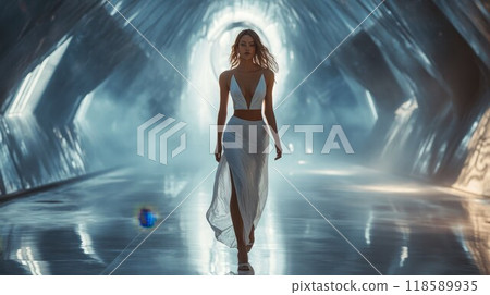 A woman in a beautiful white dress walks through a dimly lit tunnel 118589935