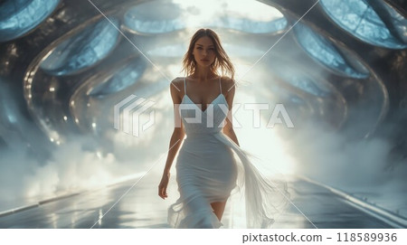 A woman in a beautiful white dress walks through a dimly lit tunnel 118589936