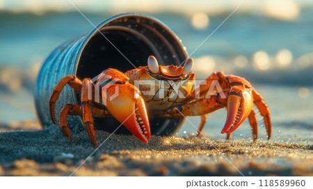 A small crab is slowly crawling out of a can situated on the beach A small crab is slowly crawling out of a can situated on the beach 118589960